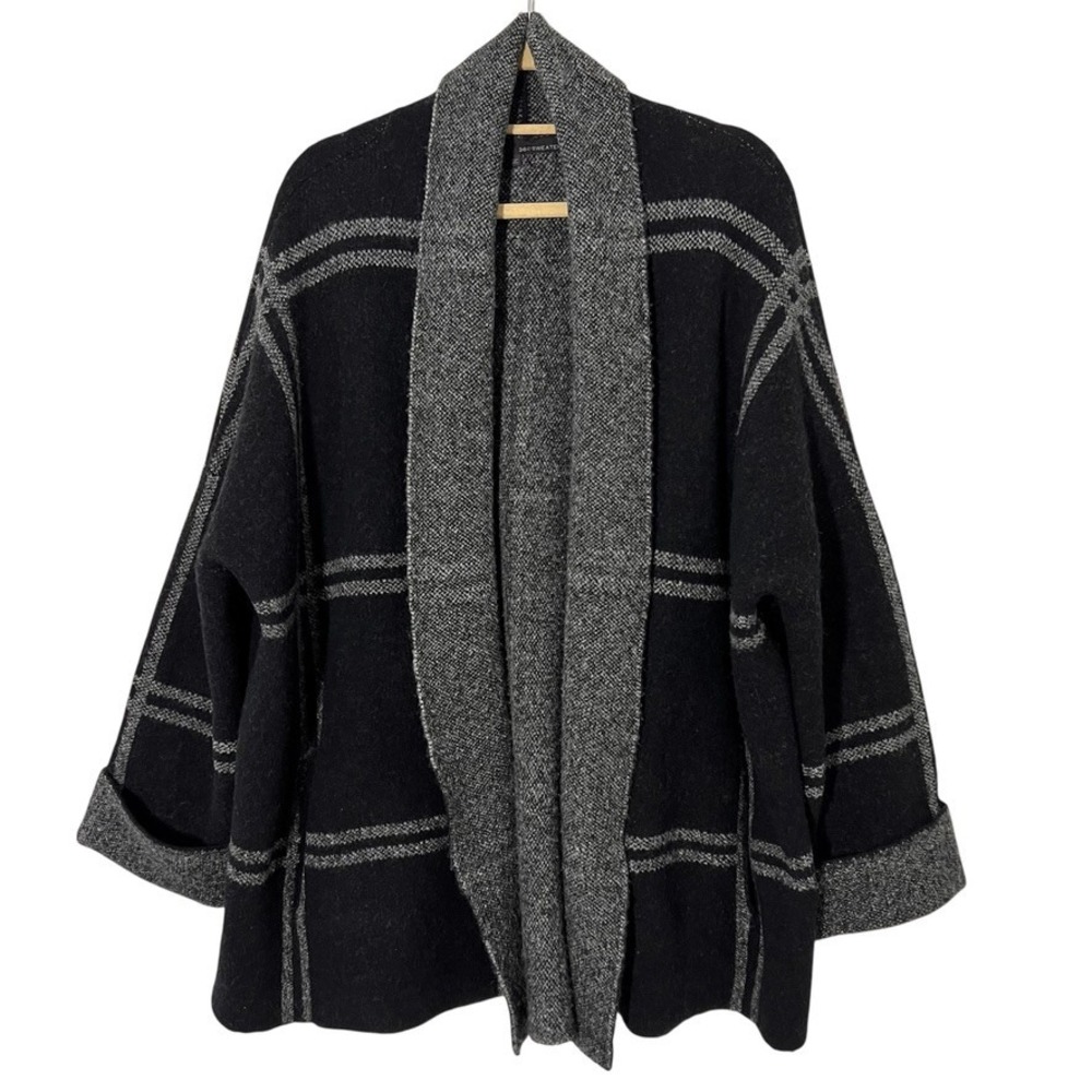 360 Sweater Blanket Cardigan Womens M Black Wool Yak Plaid Open Front‎ Oversized